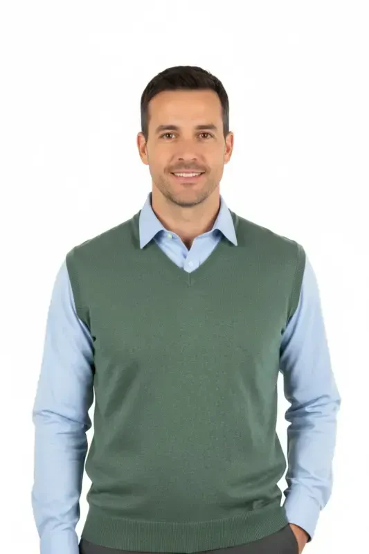 Men's V-Neck Solid Color Classic Model Relaxed Fit Full Fit Fine Wool Knit Sweater-Green - 1