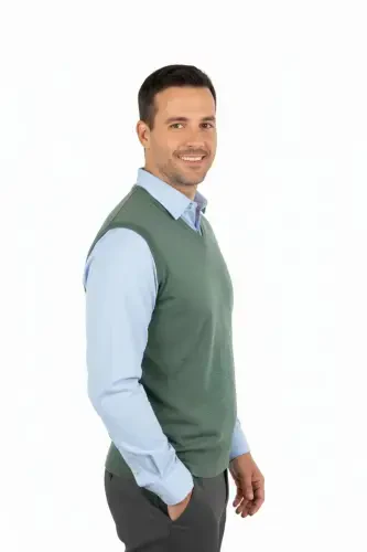 Men's V-Neck Solid Color Classic Model Relaxed Fit Full Fit Fine Wool Knit Sweater-Green - Modazone (1)