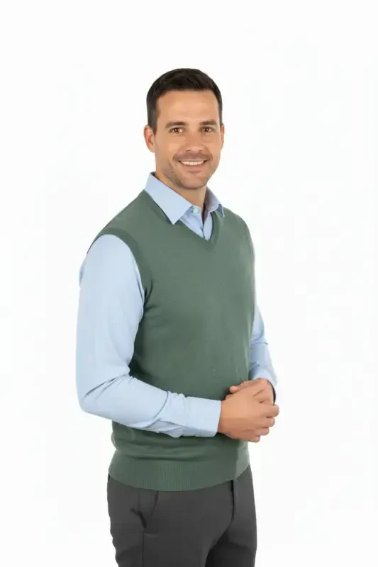 Men's V-Neck Solid Color Classic Model Relaxed Fit Full Fit Fine Wool Knit Sweater-Green - 3