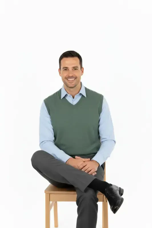 Men's V-Neck Solid Color Classic Model Relaxed Fit Full Fit Fine Wool Knit Sweater-Green - 4