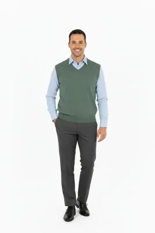 Men's V-Neck Solid Color Classic Model Relaxed Fit Full Fit Fine Wool Knit Sweater-Green - 5