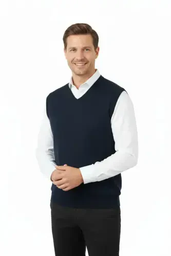 Men's V-Neck Solid Color Classic Model Relaxed Fit Regular Fit Fine Wool Knit Sweater - 2