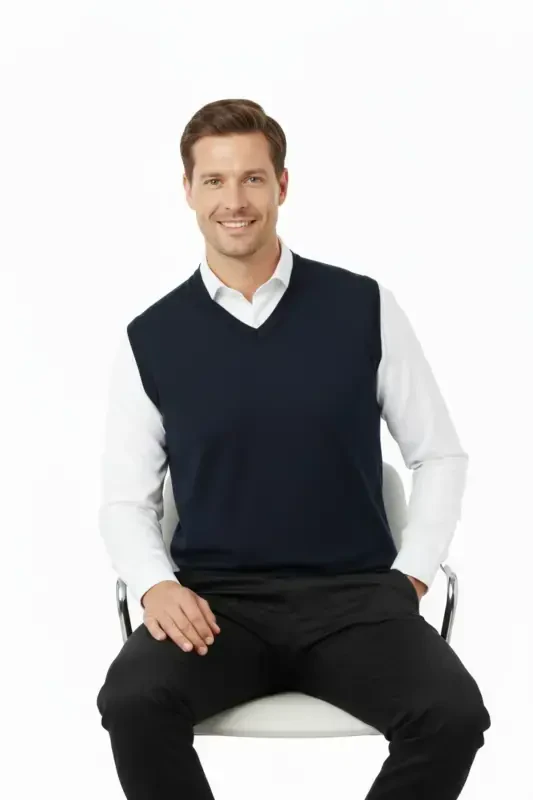 Men's V-Neck Solid Color Classic Model Relaxed Fit Regular Fit Fine Wool Knit Sweater - 3