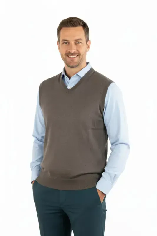 Men's V-Neck Solid Color Classic Model Relaxed Fit Regular Fit Fine Wool Knit Sweater - 3