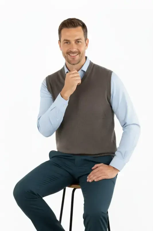 Men's V-Neck Solid Color Classic Model Relaxed Fit Regular Fit Fine Wool Knit Sweater - 5