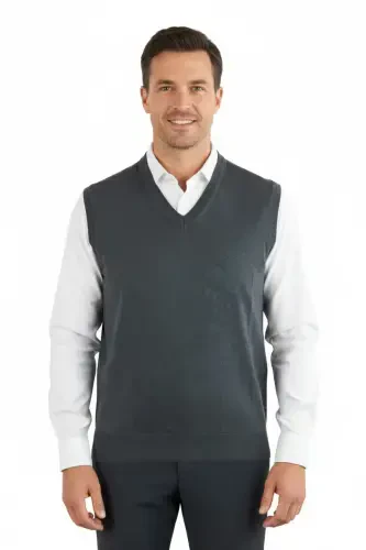 Men's V-Neck Solid Color Classic Model Relaxed Fit Regular Fit Fine Wool Knit Sweater-Anthracite - 1