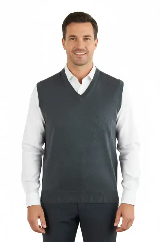 Men's V-Neck Solid Color Classic Model Relaxed Fit Regular Fit Fine Wool Knit Sweater-Anthracite - 1