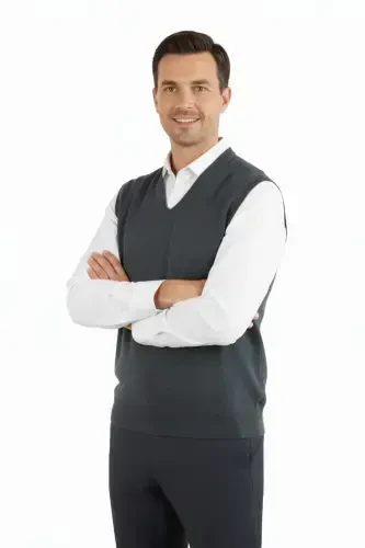 Men's V-Neck Solid Color Classic Model Relaxed Fit Regular Fit Fine Wool Knit Sweater-Anthracite - 2