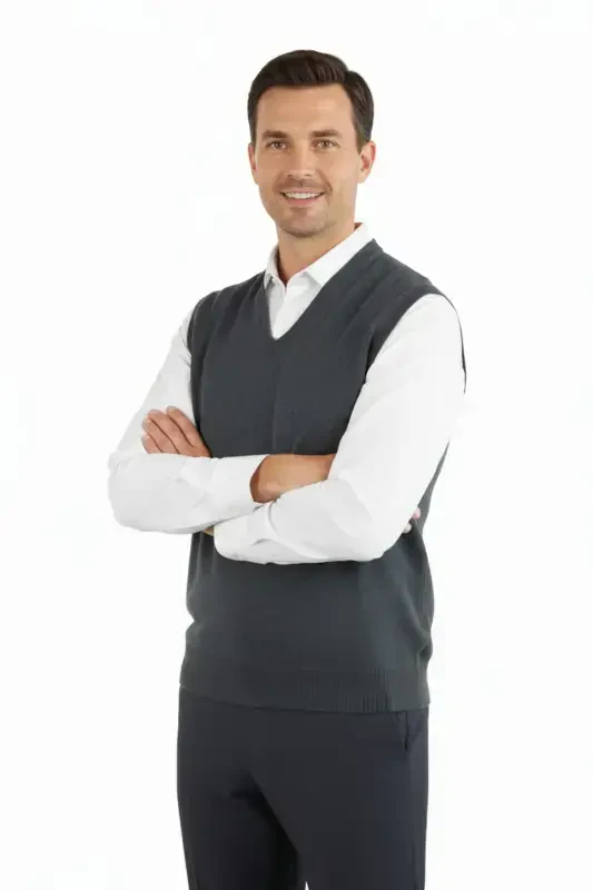 Men's V-Neck Solid Color Classic Model Relaxed Fit Regular Fit Fine Wool Knit Sweater-Anthracite - 2