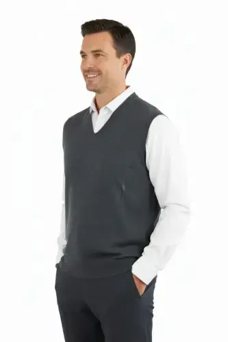 Men's V-Neck Solid Color Classic Model Relaxed Fit Regular Fit Fine Wool Knit Sweater-Anthracite - 3