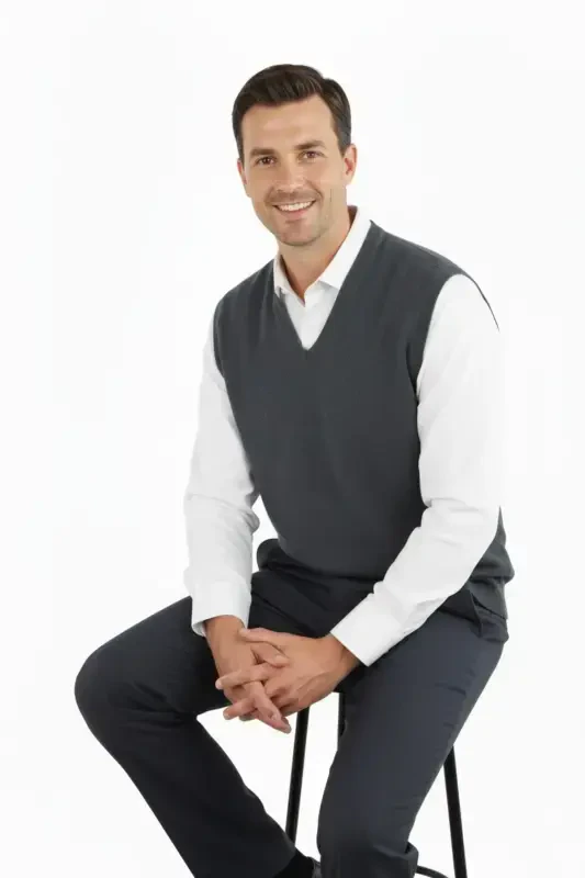 Men's V-Neck Solid Color Classic Model Relaxed Fit Regular Fit Fine Wool Knit Sweater-Anthracite - 4