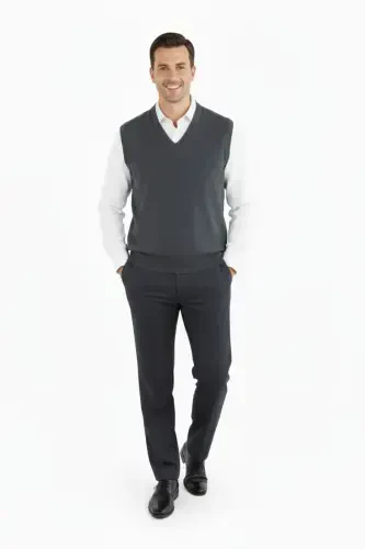 Men's V-Neck Solid Color Classic Model Relaxed Fit Regular Fit Fine Wool Knit Sweater-Anthracite - 5