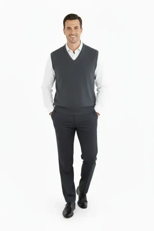 Men's V-Neck Solid Color Classic Model Relaxed Fit Regular Fit Fine Wool Knit Sweater-Anthracite - 5