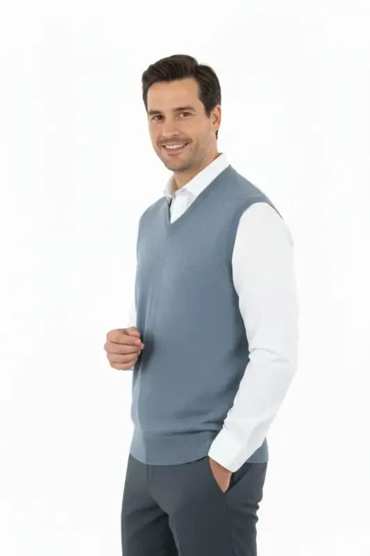 Men's V-Neck Solid Color Classic Style Relaxed Fit Regular Fit Fine Wool Knit Sweater-Blue - 5