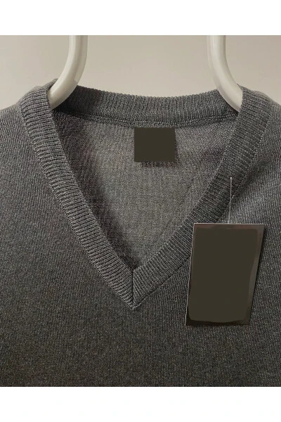 Men's V-Neck Sweater Fine Wool Knit Non-Pilling Self-Knit - 2