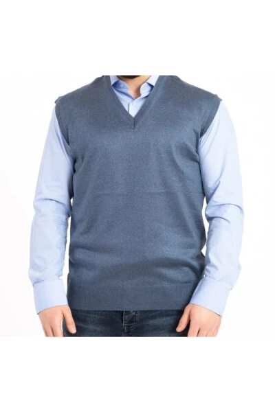 Men's V-Neck Wool Knit Indigo Fine Knit Sweater - NACAR ÇARŞI