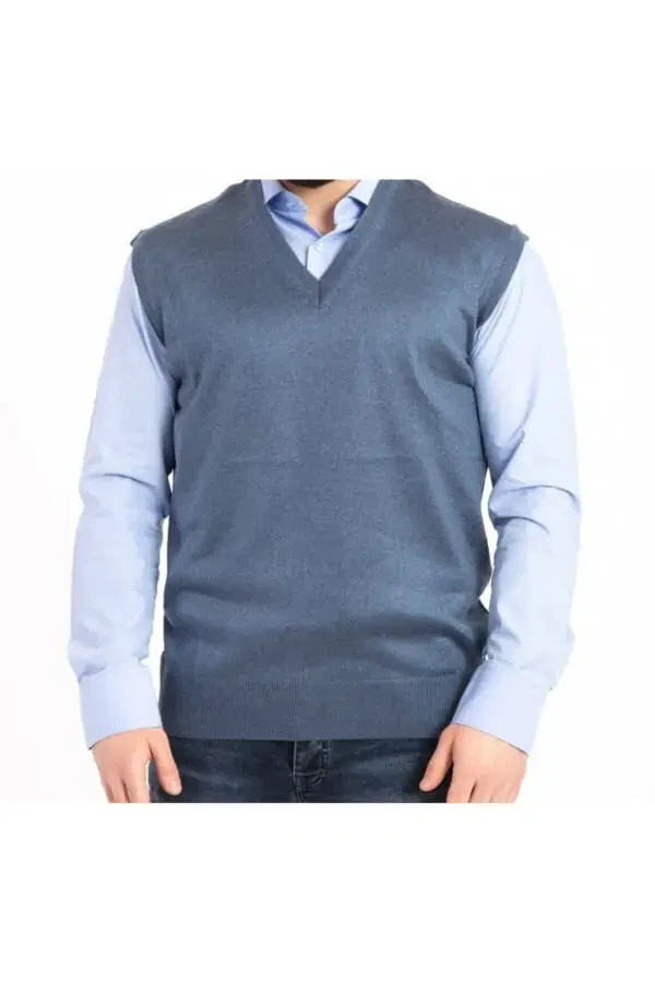 Men's V-Neck Wool Knit Indigo Fine Knit Sweater - 1