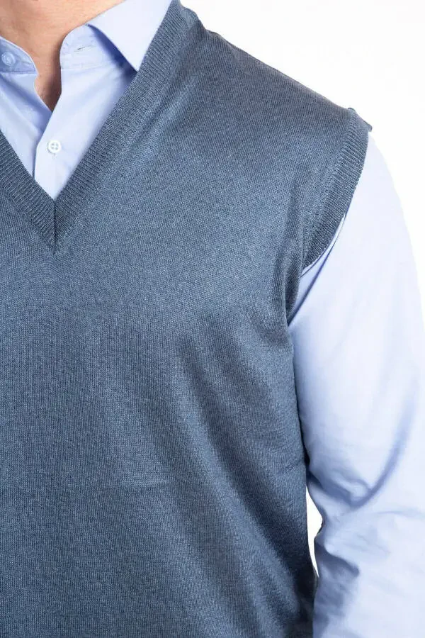 Men's V-Neck Wool Knit Indigo Fine Knit Sweater - 3