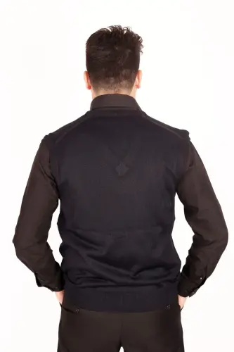 Men's V-Neck Wool Knit Navy Thin Knit Sweater - NACAR ÇARŞI (1)
