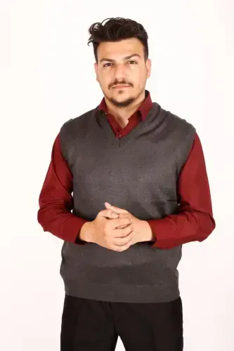 Men's V-Neck Wool Knit Smoke Thin Knit Vest-SMOKE - 1