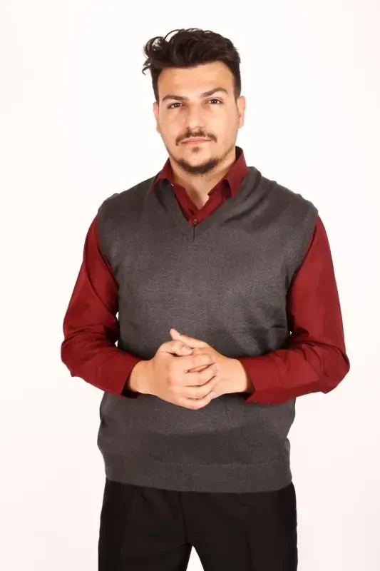 Men's V-Neck Wool Knit Smoke Thin Knit Vest-SMOKE - NACAR ÇARŞI