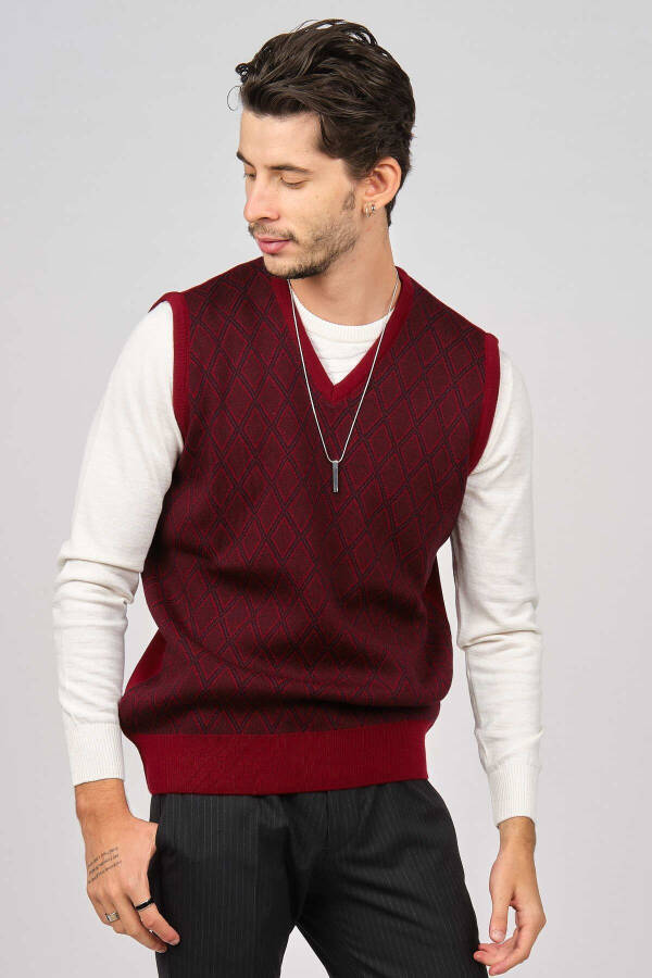 Men's V-Neck Wool Sweater 4539051 Burgundy - 1