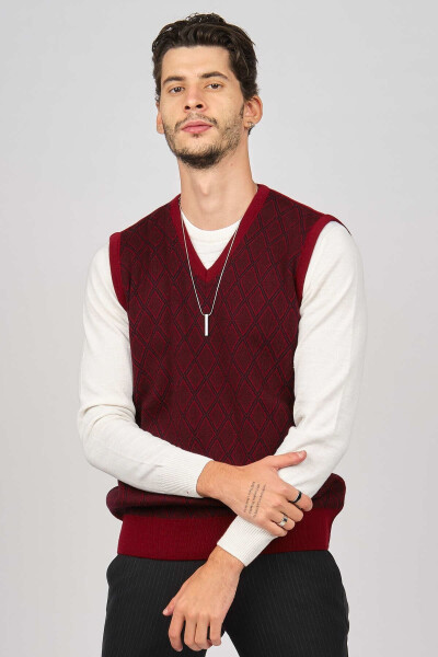 Men's V-Neck Wool Sweater 4539051 Burgundy - 4