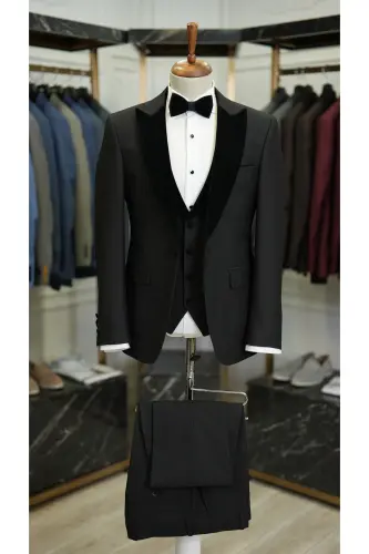 Men's Velvet Tuxedo Groom Suit with Shawl Collar Italian Style Slim Fit Jacket Vest Pants Bow Tie 