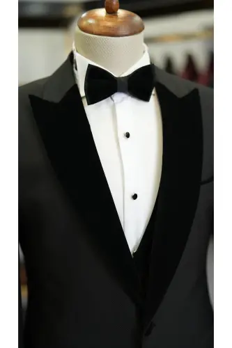 Men's Velvet Tuxedo Groom Suit with Shawl Collar Italian Style Slim Fit Jacket Vest Pants Bow Tie - 3