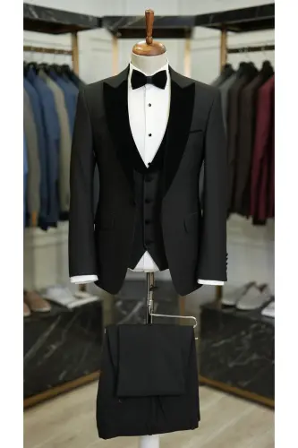 Men's Velvet Tuxedo Groom Suit with Shawl Collar Italian Style Slim Fit Jacket Vest Pants Bow Tie - 6