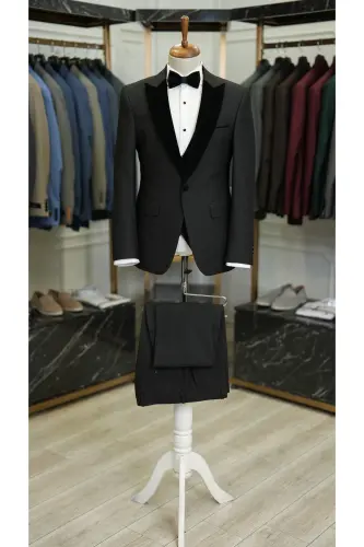 Men's Velvet Tuxedo Groom Suit with Shawl Collar Italian Style Slim Fit Jacket Vest Pants Bow Tie - 7