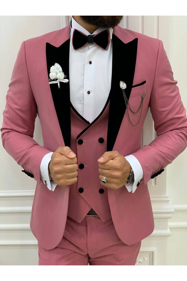 Men's Velvet Tuxedo Groom Suit with Swallowtail Collar, Italian Cut Slim Fit Jacket, Vest, Pants and Bow Tie - Pink - 3