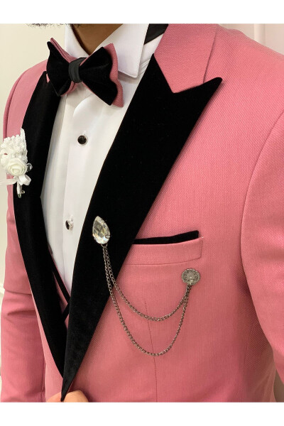 Men's Velvet Tuxedo Groom Suit with Swallowtail Collar, Italian Cut Slim Fit Jacket, Vest, Pants and Bow Tie - Pink - 4