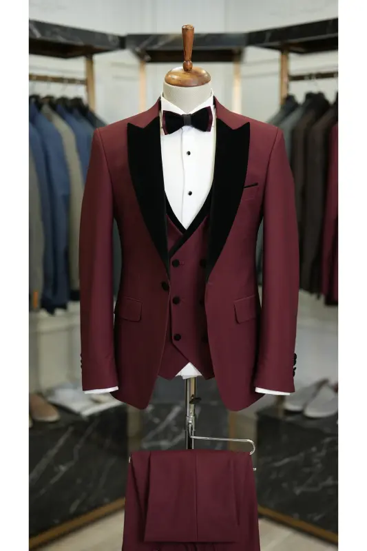 Men's Velvet Tuxedo Suit with Shawl Collar Italian Style Slim Fit Jacket Vest Pants Bow Tie - 2