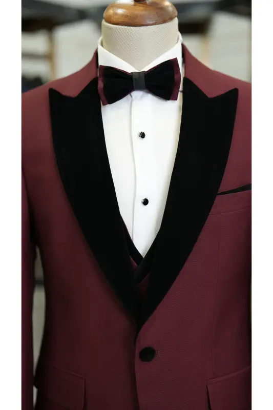 Men's Velvet Tuxedo Suit with Shawl Collar Italian Style Slim Fit Jacket Vest Pants Bow Tie - 3