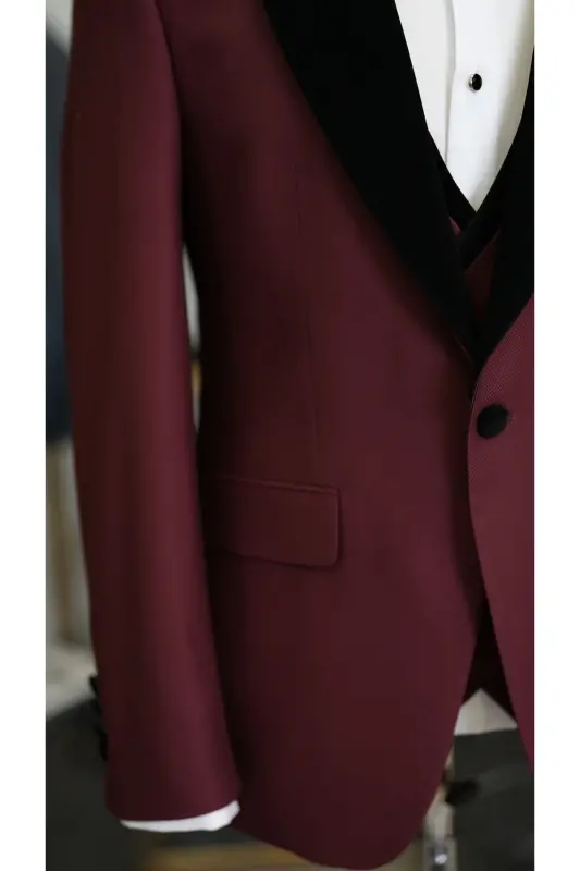 Men's Velvet Tuxedo Suit with Shawl Collar Italian Style Slim Fit Jacket Vest Pants Bow Tie - 6