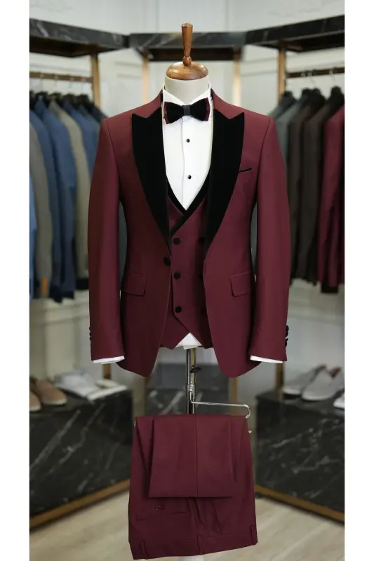 Men's Velvet Tuxedo Suit with Shawl Collar Italian Style Slim Fit Jacket Vest Pants Bow Tie - 7
