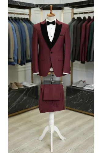 Men's Velvet Tuxedo Suit with Shawl Collar Italian Style Slim Fit Jacket Vest Pants Bow Tie - 8