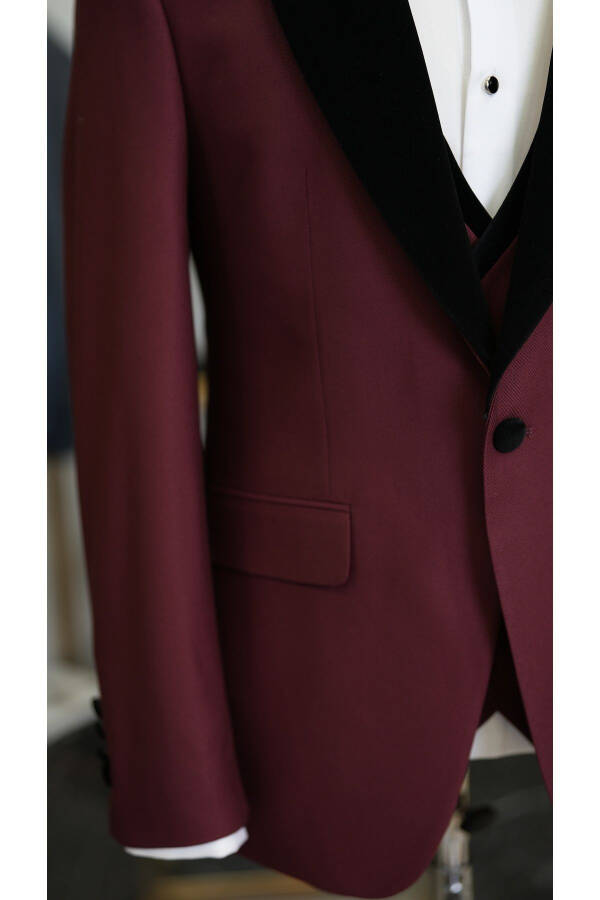 Men's Velvet Tuxedo Suit with Shawl Collar Italian Style Slim Fit Jacket Vest Pants Bow Tie - 5