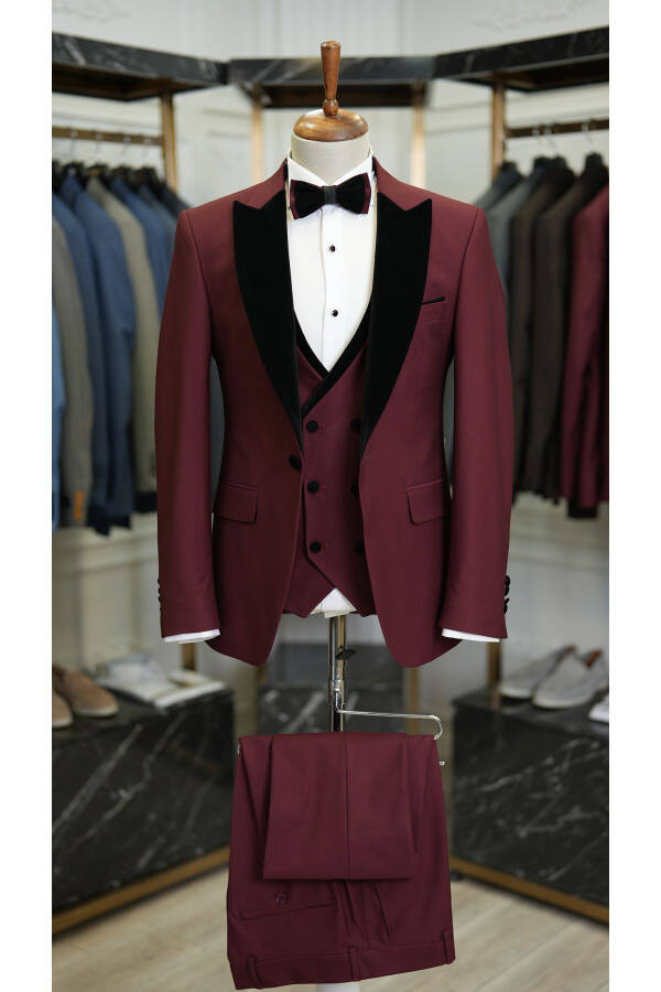 Men's Velvet Tuxedo Suit with Shawl Collar Italian Style Slim Fit Jacket Vest Pants Bow Tie - 6