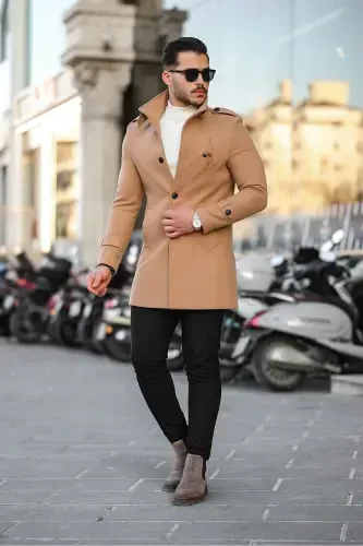 Men's Vision Slim Fit Notch Lapel Long Wool Blend Cashmere Coat - MERO LIFE (1)