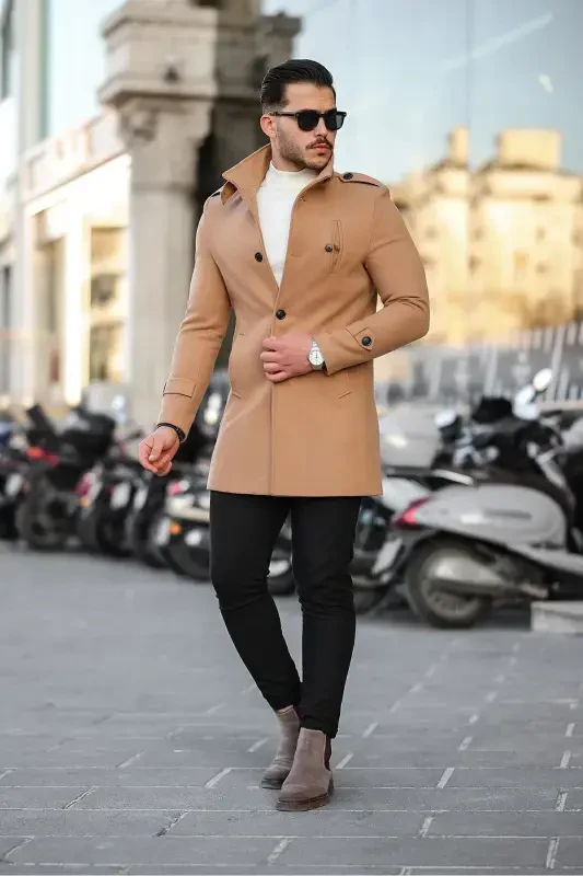 Men's Vision Slim Fit Notch Lapel Long Wool Blend Cashmere Coat - 2