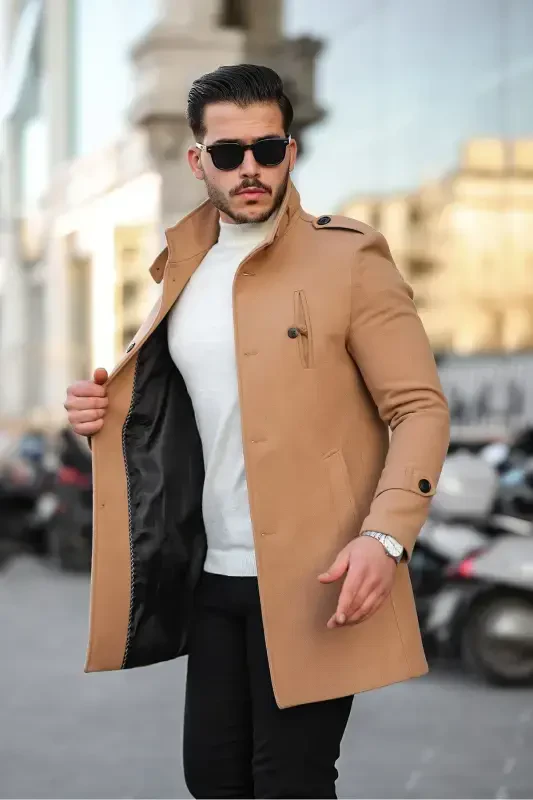 Men's Vision Slim Fit Notch Lapel Long Wool Blend Cashmere Coat - 3