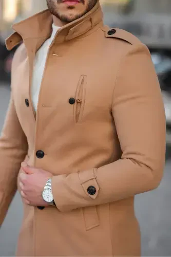 Men's Vision Slim Fit Notch Lapel Long Wool Blend Cashmere Coat - 6