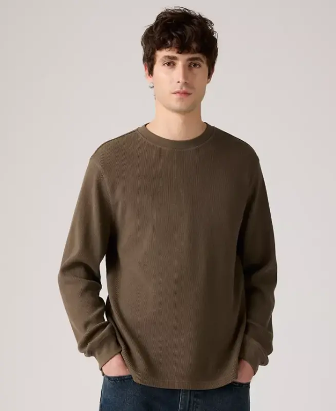 Men's Waffle Knit Thermal Long Sleeve T-Shirt - Khaki - 1