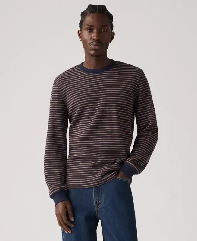 Men's Waffle Knit Thermal Long Sleeve T-Shirt - Stripe Navy - 1
