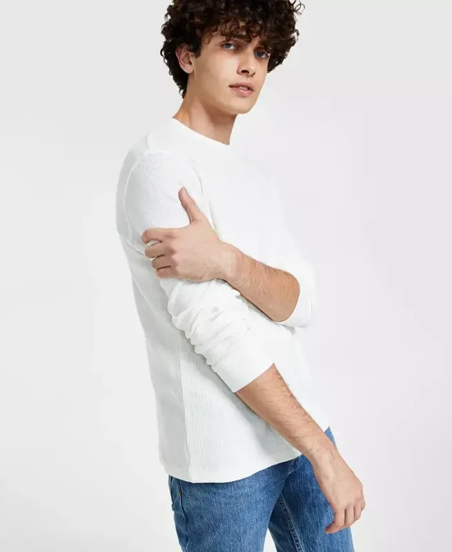 Men's Waffle Knit Thermal Long Sleeve T-Shirt - White - 3