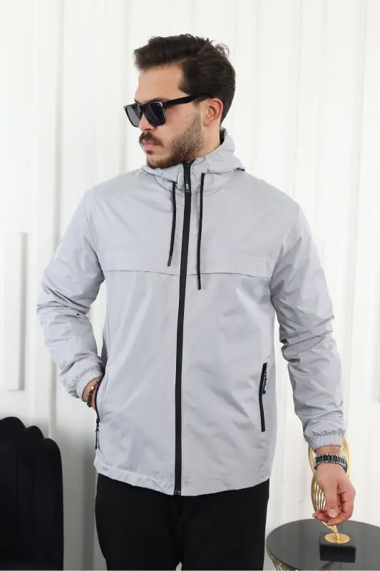 Men's Water Resistant Pocketed Hooded Gray Raincoat-A.GRAY - 3