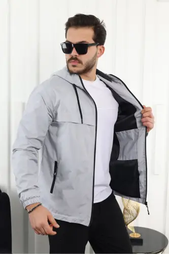 Men's Water Resistant Pocketed Hooded Gray Raincoat-A.GRAY - 4