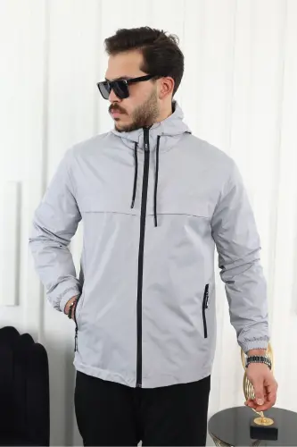 Men's Water Resistant Pocketed Hooded Gray Raincoat-A.GRAY - 5